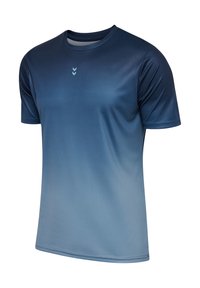 Short-sleeve athletic shirt in shades of blue, made of smooth, lightweight fabric; features a subtle logo in the center chest area.