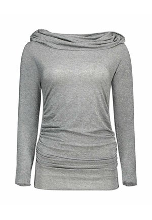 Zilverkleurige top met lange mouwen, een gedrapeerde col en geplooide details rond de taille, aansluitende pasvorm.