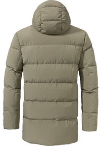 Gepolsterte Jacke mit Kapuze in einem gedämpften Olivton. Verfügt über horizontale Steppabschnitte und eine glatte Stoffoberfläche. Einfaches Design, keine sichtbaren Beschläge.