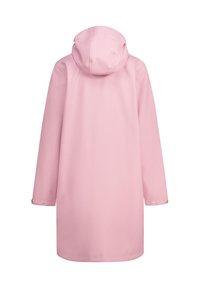 Waterproof pink raincoat with a hood, long sleeves, and snap fasteners at the cuffs, featuring a smooth, textured finish.