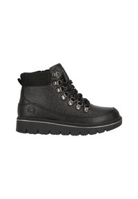 Botines negros hechos de material sintético texturizado, que presentan ojales de metal, cordones, puño elástico en el tobillo y una suela de goma gruesa.