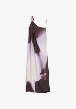 Μακρύ φόρεμα χωρίς μανίκια με λεπτές τιράντες, με ένα ρέον μοτίβο διαβάθμισης σε αποχρώσεις του μωβ, λευκού και σκούρου δαμάσκηνου.