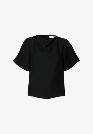 Top nero a maniche corte con scollatura rotonda, caratterizzato da un design drappeggiato sul davanti. Realizzato in un tessuto morbido e leggero.