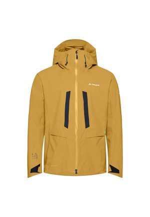 Gelbe wasserdichte Jacke mit Kapuze, versehen mit schwarzen vertikalen Streifen, zwei Fronttaschen und dunklen Akzenten an den Ärmeln.
