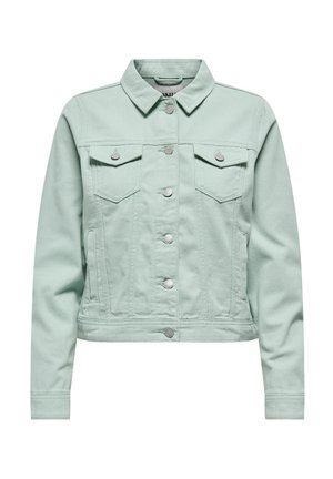 Veste en denim vert clair à manches longues, fermeture à boutons sur le devant, deux poches à rabat sur la poitrine et poches latérales passepoilées.