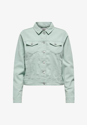 Svetlo zelena denim jakna z dolgimi rokavi, z zaponko spredaj, dvema žepoma na prsih z zavihekoma in stranskima žepoma.