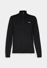 Black zip-up sweater made of textured knit fabric. Features a high collar and subtle logo on the chest. Long sleeves with ribbed cuffs.