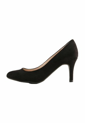 Schwarzer Wildleder-High Heel mit runder Zehenpartie, minimalistischem Design und einem schlanken, etwa 7,5 cm hohen Stiletto-Absatz.
