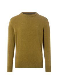 Senfgelbes Sweatshirt mit langen Ärmeln, Rundhalsausschnitt und gerippten Manschetten. Aus weichem Strickstoff gefertigt, mit einem kleinen Logo-Detail auf der Brust.