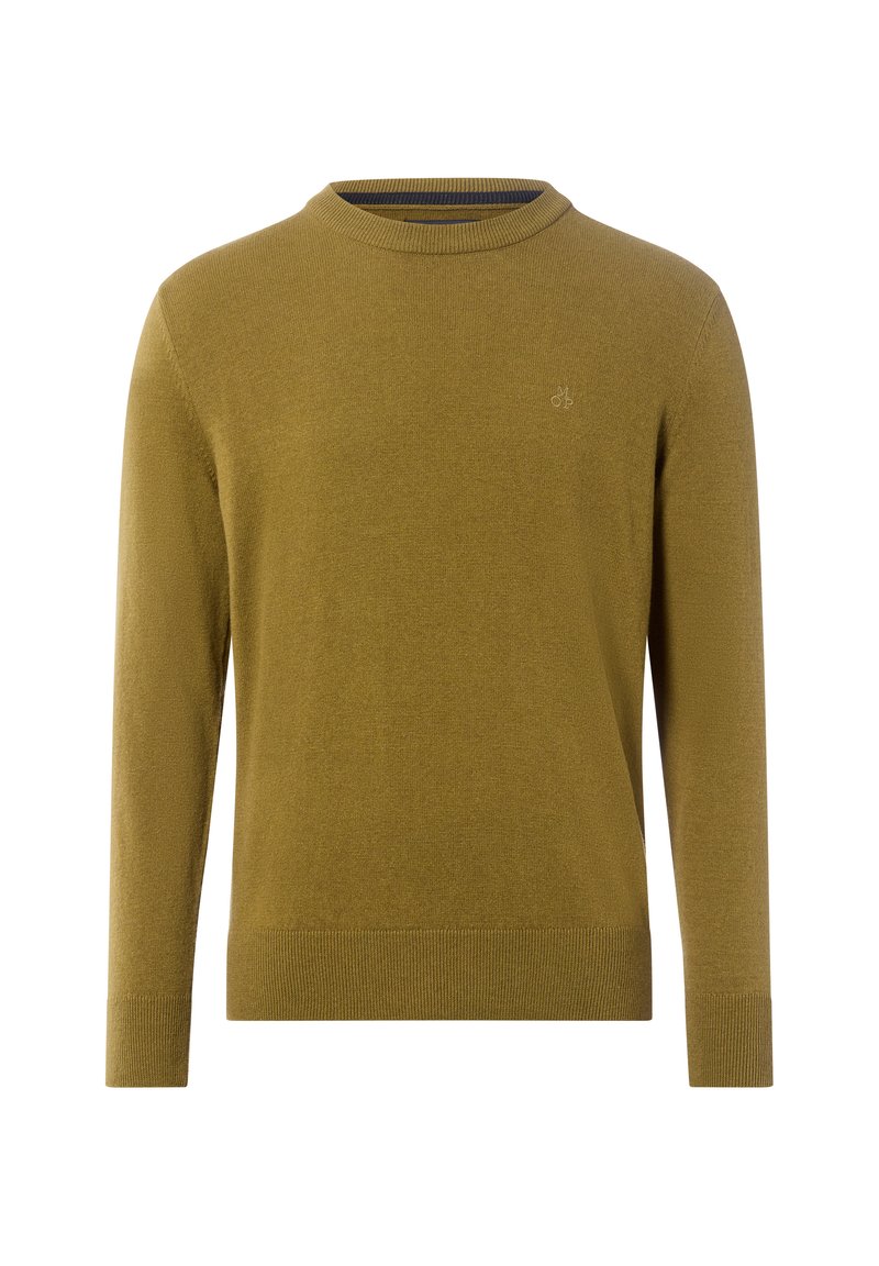 Senfgelbes Sweatshirt mit langen Ärmeln, Rundhalsausschnitt und gerippten Manschetten. Aus weichem Strickstoff gefertigt, mit einem kleinen Logo-Detail auf der Brust.