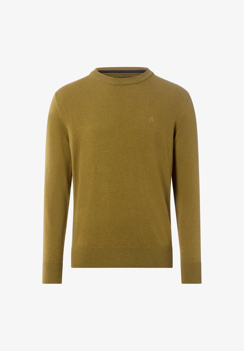 Mustard yellow sweater with long sleeves, round neckline, and ribbed cuffs. Made of soft knit fabric, featuring a small logo detail on the chest.