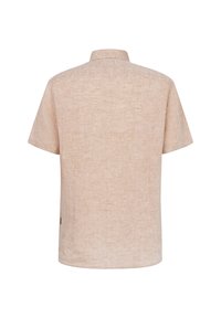 Beige Kurzarmhemd aus einem texturierten, leinenähnlichen Stoff, mit einem Standardkragen und einem geraden Saum. Keine sichtbaren Logos oder Akzente.