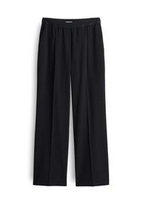 Pantalons larges noirs avec une taille élastique, présentant deux poches latérales et une texture de tissu lisse et légère.