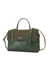 Borsa a mano verde in pelle con dettagli in suede, forma rettangolare, doppio manico superiore, tracolla regolabile e dettaglio con chiusura frontale.