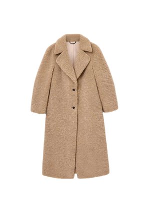 Kameli värvi teddy jope pügatud kraega, pikkade varrukatega ja kolme musta nupuga. Jope on valmistatud tekstuurilisest, pehmest kangast.