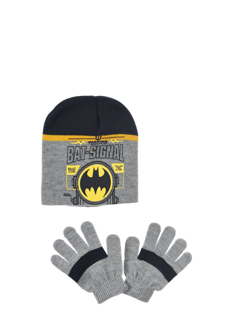 Gray knit beanie with a Batman design, featuring black and yellow accents. Accompanied by gray knit gloves with black wristbands.