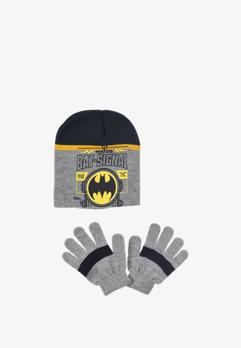 Gray knit beanie with a Batman design, featuring black and yellow accents. Accompanied by gray knit gloves with black wristbands.