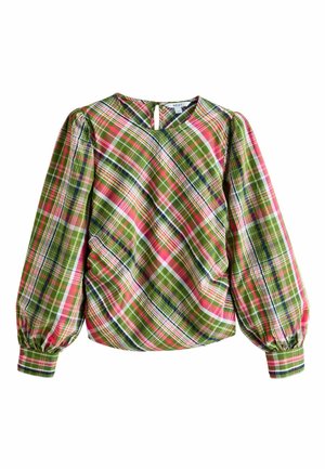 Green, pink, and white plaid blouse with long puff sleeves, round neck, and gathered side detailing. Fabric appears textured, lightweight.