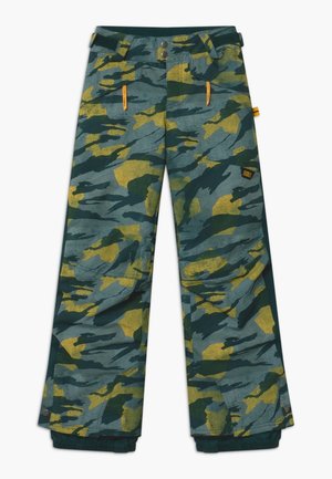 Spodnie outdoor w kamuflażowym wzorze w odcieniach zieleni, żółci i niebieskiego, z kieszeniami na zamek, szlufkami na pasek oraz wzmocnionymi mankietami.