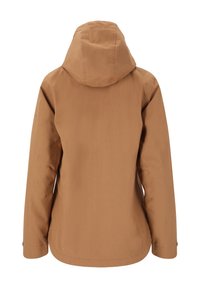 Brun huva jacka med en slät tygtextur, designad med en skräddarsydd passform, med långa ärmar och en rundad nederkant.