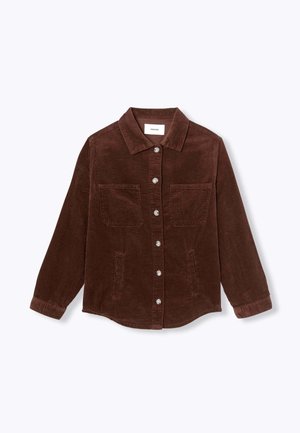 Veste en velours côtelé marron avec un col, fermeture à boutons et deux poches poitrine. Présente un tissu texturé et des boutons métalliques.