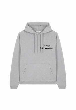 Felpa grigia realizzata in cotone misto; presenta una tasca frontale, cappuccio con cordino e testo in nero "l'amore è la risposta" sul petto.