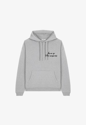 Felpa grigia realizzata in cotone misto; presenta una tasca frontale, cappuccio con cordino e testo in nero "l'amore è la risposta" sul petto.