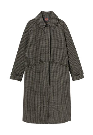 Manteau long en laine à carreaux marron et noir, avec un large col, des boutons doubles et des poches latérales.