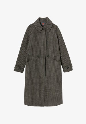 Manteau long en laine à carreaux marron et noir, avec un large col, des boutons doubles et des poches latérales.