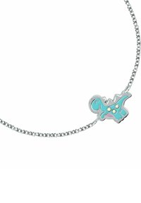 Collana in argento con pendente a forma di dinosauro blu caratterizzato da dettagli rosa e punti gialli, che mette in risalto il suo design giocoso e i colori vivaci.