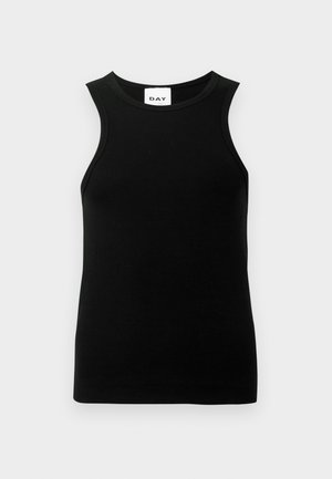 Μαύρο αμάνικο τόπ με ριγωτή υφή, στρογγυλή λαιμόκοψη και εφαρμοστή γραμμή. Η ετικέτα δείχνει το λογότυπο "DAY".