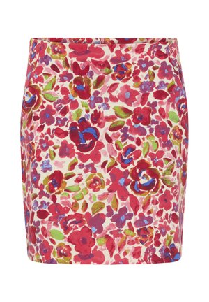 Gėlėta mini sijonas su kreminiu pagrindu, išryškintais raudonais, mėlynais ir žaliais gėlių raštais. Lygus tekstūra, prigludusi forma ir jokių matomų užsegimų.