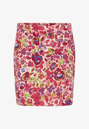 Floral mini skirt featuring a cream base with vibrant red, blue, and green flower patterns. Smooth texture, fitted design, and no visible fastenings.