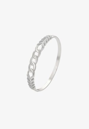 Zilveren armband met een schakelontwerp, bestaande uit gepolijste en getextureerde secties, versierd met kleine, heldere decoratieve steentjes.