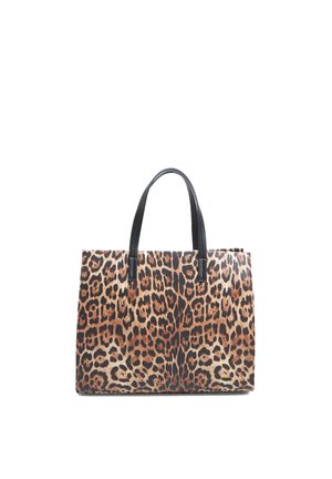 Tote-Bag im Leopardenmuster mit strukturiertem Design, aus Stoff mit schwarzen Kunstledergriffen. Bemerkenswerte Textur und auffälliges Muster.