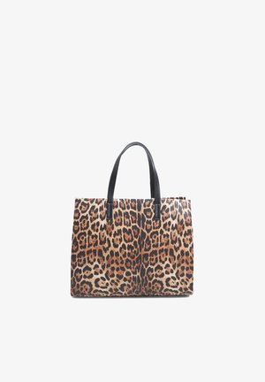 Sac fourre-tout en imprimé léopard avec une forme structurée, fabriqué en tissu avec des poignées en cuir synthétique noir. Texture remarquable et motif audacieux.