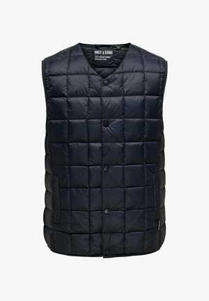 Gevoerde marineblauwe vest met een gewatteerd patroon, voorzien van een V-hals, drukknoopsluitingen en een glad, lichtgewicht dons materiaal.