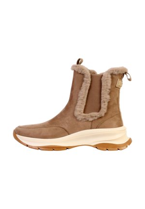 Bottine en daim couleur tabac avec doublure et bordure en fausse fourrure, dotée d'une semelle blanche rembourrée et d'une semelle extérieure en caoutchouc marron. Languette pour faciliter l'enfilage.