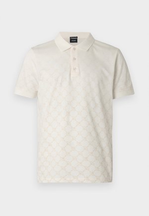 Tricou polo crem cu un model geometric texturat, fenta cu trei nasturi și material moale din bumbac. Mâneci scurte, guler standard.