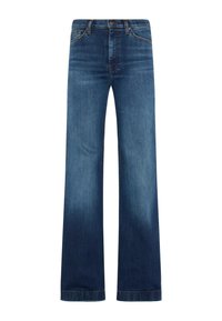 Jeans in denim blu scuro con un design a gamba larga, vita alta, leggera scoloritura e classico stile a cinque tasche. Nessun abbellimento visibile.