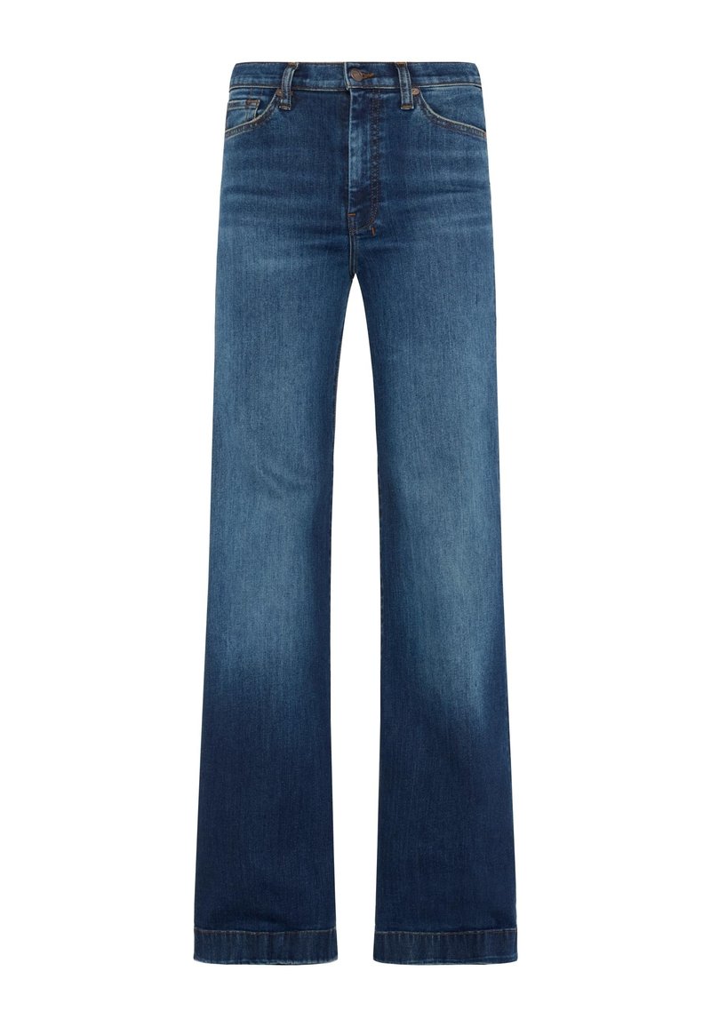 Dark blue denim jeans with a wide-leg design, high waist, subtle fading, and classic five-pocket styling. No visible embellishments.
