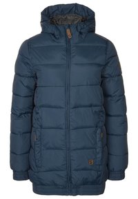 Mørkeblå dunjakke med lynlåslukning, isolerede paneler, hætte og to forlommer. Har et logo-patch på ærmet.