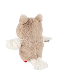 Soft, plush toy shaped like an animal, featuring light beige fur, white fluffy accents on paws, and small rounded ears. Red tag visible.