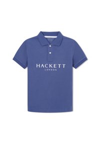 Polo majica tamnoplave boje izrađena od pamuka, s tri gumba na prednjem dijelu i bijelim logotipom "HACKETT LONDON" na prednjoj strani. Kratki rukavi.