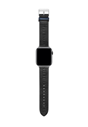 Black leather smartwatch strap with textured finish, featuring embossed branding and adjustable buckle for fit. Square watch face shown.