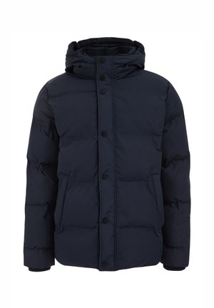 Doudoune bleu marine avec capuche, dotée d'un design matelassé, de boutons sur le devant et de poches latérales. Texture lisse avec des poignets élastiques.