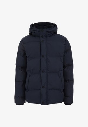 Giacca trapuntata blu navy con cappuccio, caratterizzata da un design a cuscino, bottoni frontali e tasche laterali. Texture liscia con polsini elastici.