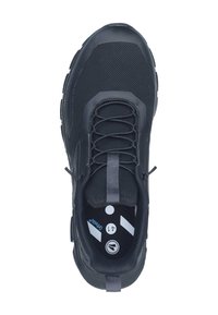 Black athletic shoe with a mesh upper, textured finish, and rounded toe. Features elastic laces, and a padded collar with an insole marked “41.”