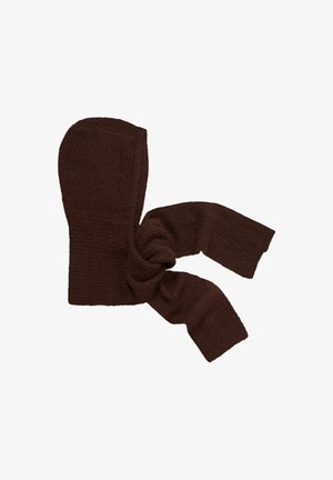 Scarf marrone in maglia con cappuccio e due estremità lunghe e attorcigliate. Il materiale sembra morbido e caldo, adatto per il clima freddo.