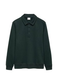 Dark green long-sleeve polo shirt made of soft fabric, featuring a folded collar, three-button placket, and ribbed cuffs.